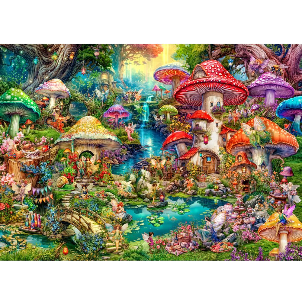 Wispwing Willows - 1000 Piece Jigsaw Puzzle Merry Mushroom Village Picnic