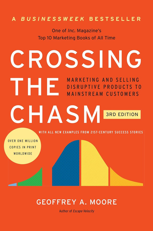 Book cover of 'Crossing the Chasm' with an orange background and colorful diagram.