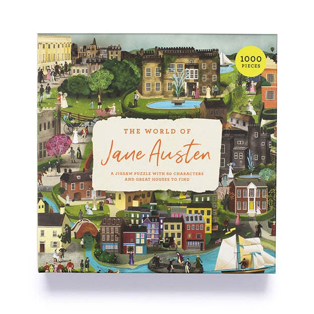Jigsaw puzzle box featuring illustrations of Jane Austen's world on a white background