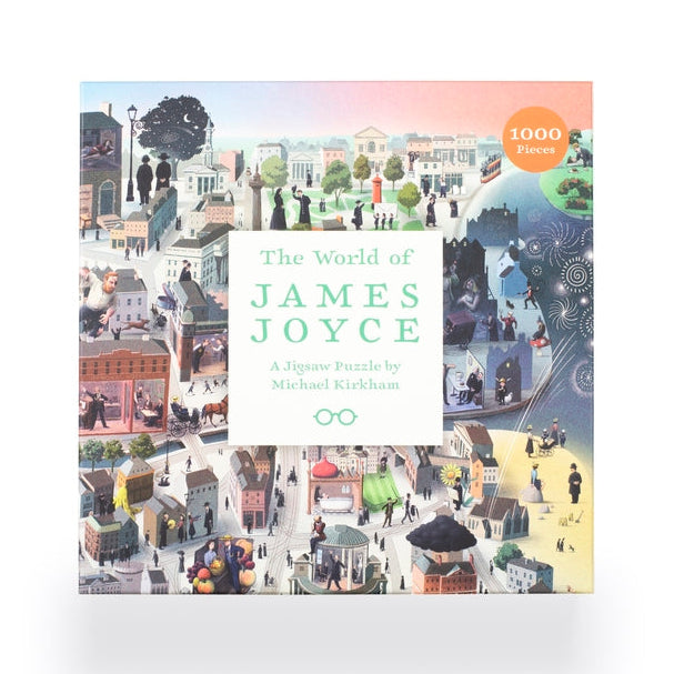 Puzzle box titled 'The World of James Joyce' with colorful illustrations on a white background