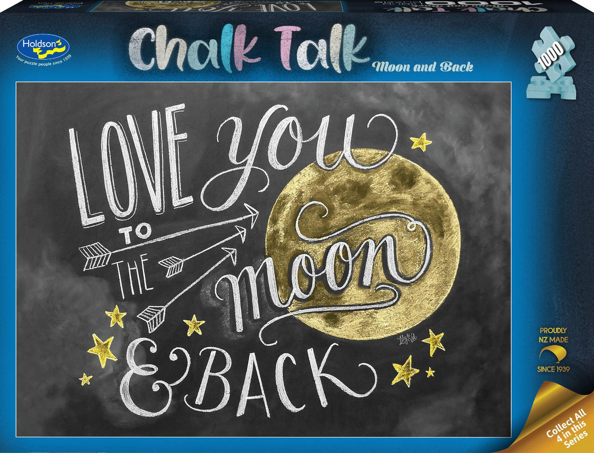Puzzle box with 'Love you to the moon & back' text and moon illustration on a blackboard-style background.