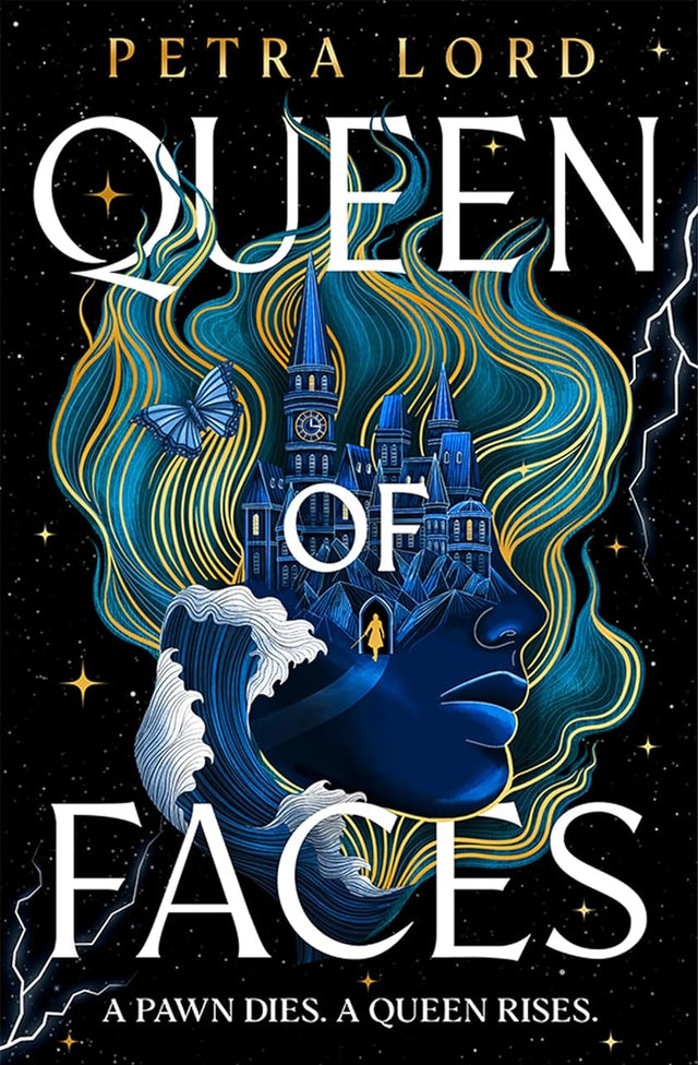Book cover of 'Queen of Faces' by Petra Lord with a castle and butterfly design.