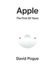 Book cover for 'Apple: The First 50 Years' by David Pogue, featuring a minimalist white background with black text and a stylized white iPod touch graphic in the center.