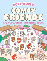Cozy World Comfy Friends: Easy Colouring and Sticker Scene for Teens, Young Adults and Adults