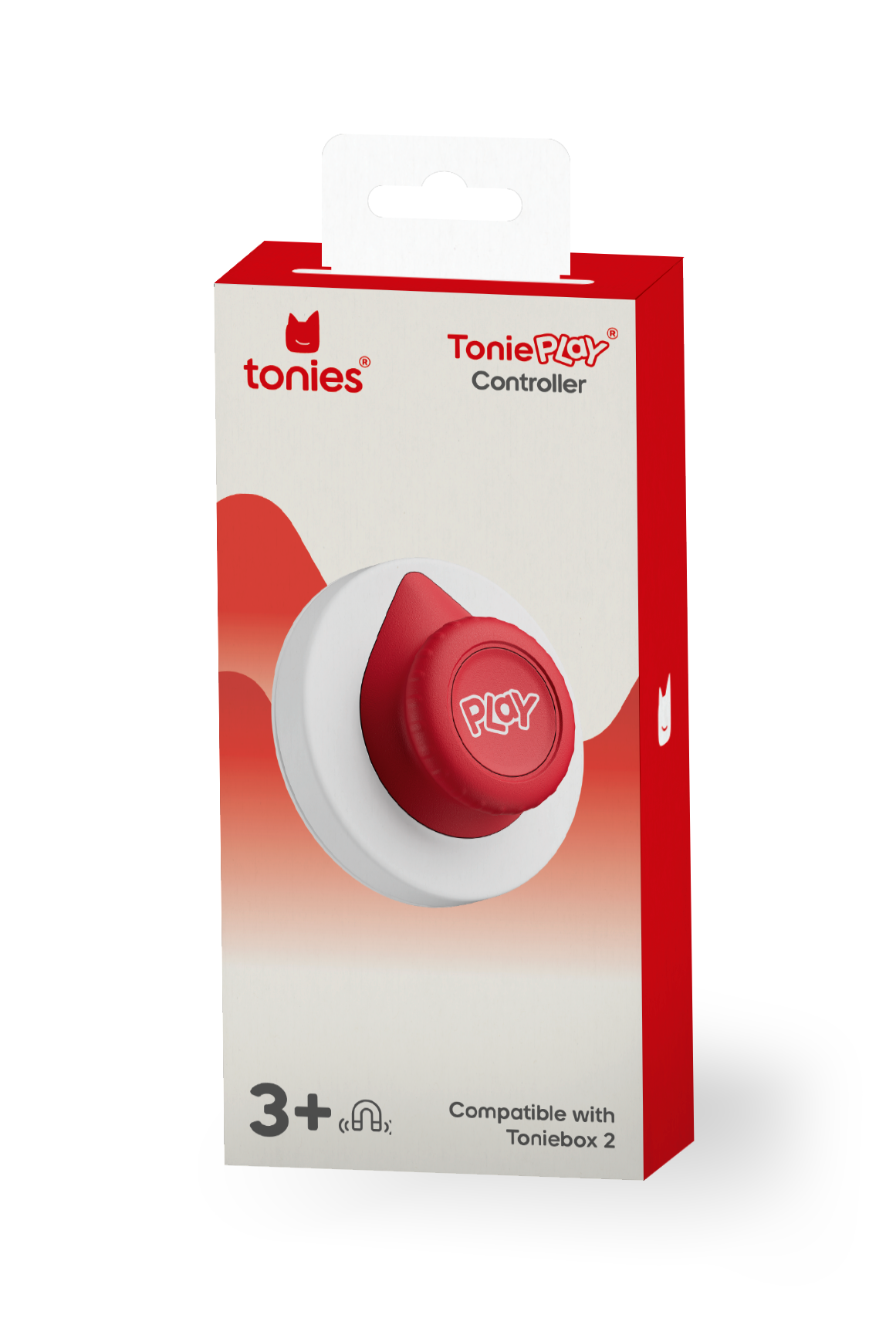Tonie toy packaging with red and white design on a white background