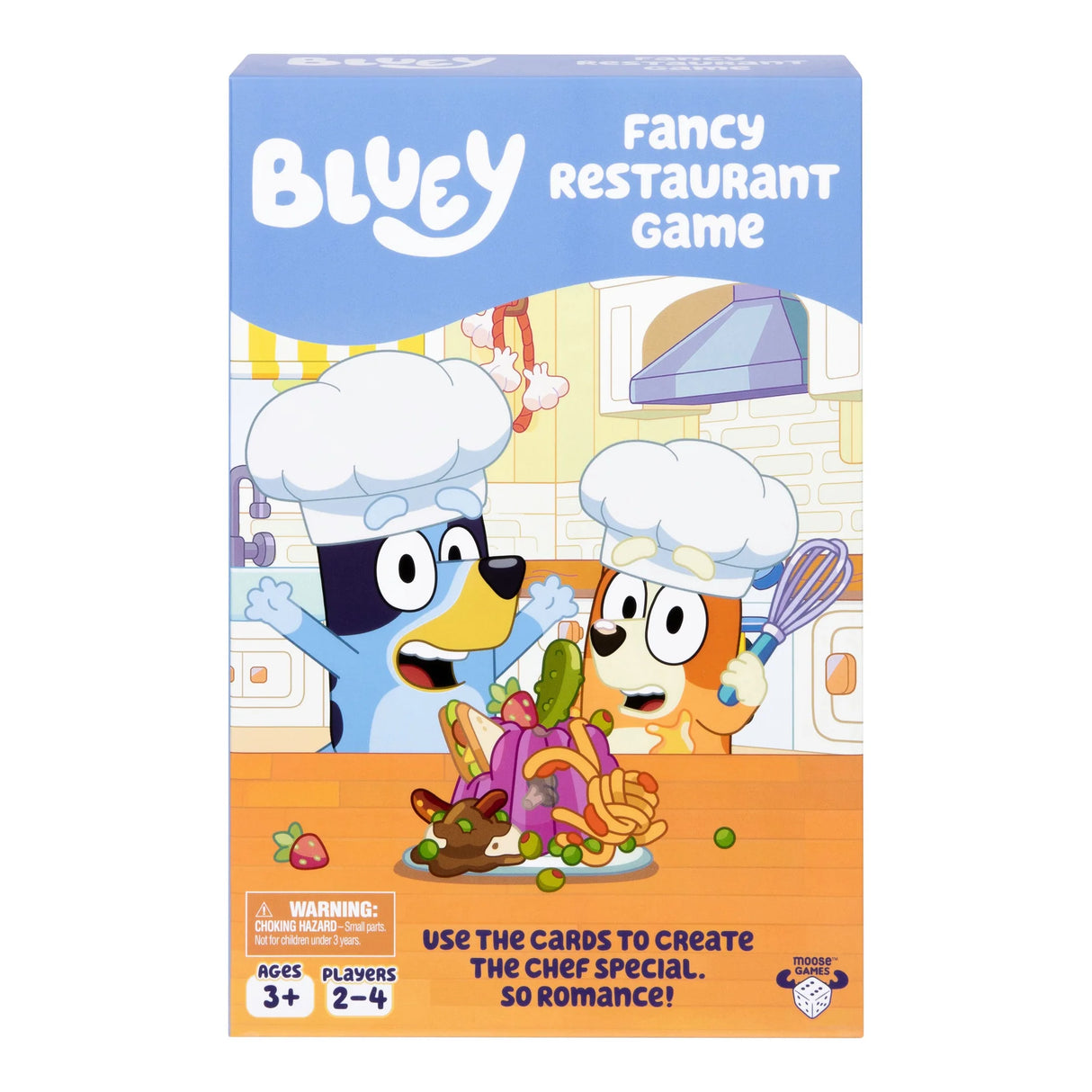 Box of 'Bluey Fancy Restaurant Game' with cartoon characters in chef hats.