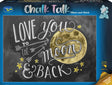 Puzzle box with 'Love you to the moon & back' text and moon illustration on a blackboard-style background.