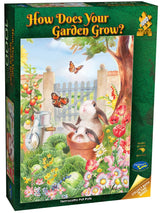Jigsaw puzzle box titled 'How Does Your Garden Grow?' with a rabbit and garden scene on the cover.
