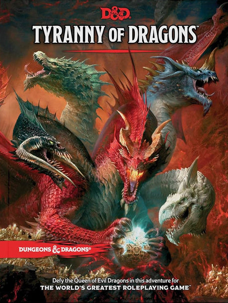 Cover of 'Tyranny of Dragons' for Dungeons & Dragons featuring four dragons.