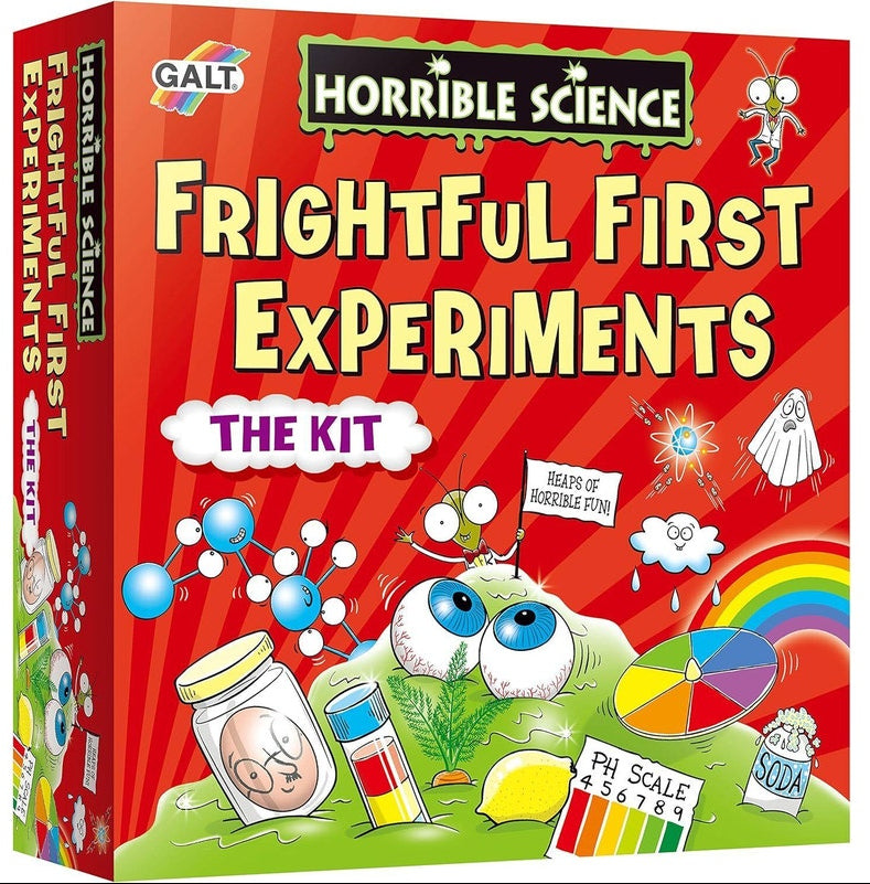 Box of 'Horrible Science Frightful First Experiments' kit with colorful graphics on a white background