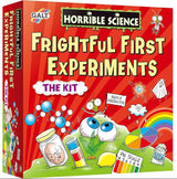 Box of 'Horrible Science Frightful First Experiments' kit with colorful graphics on a white background