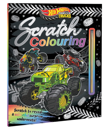 Hot Wheels Scratch Colouring book with monster trucks on a black background